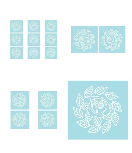 Digital White Work Rose & Leaf Swirl <b>Mid Blue 4 Sizes - 4 x A4 Sheets Downlo